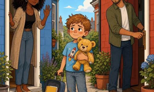 An 8‑year‑old boy with a round, freckled face and messy light brown hair, looking slightly sad but brave, holds a worn yellow teddy to his chest; he wears a light blue rocket T‑shirt, faded jeans and red sneakers, and stands beside an open small rolling suitcase with a yellow notebook peeking out. A woman (mother), about 35, with curly brown hair and a gentle, moved expression, waves from the doorway to the left; a man (father), about 37, with short hair, light beard and an encouraging smile but tense eyes, stands on the porch to the right with a hand on the red house door handle. The scene is on the doorstep between a blue facade (left) and a red facade (right) with a small sidewalk, potted plants, a welcome mat and a clear sky with a few drawn clouds; the composition centers on the boy and his teddy, conveying a calm, affectionate goodbye with warm colors and clear lines.