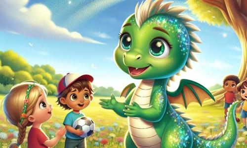 Een jonge draak met glanzende groene schubben, grote ogen vol nieuwsgierigheid en een warme glimlach, staat in het midden van een zonnig veld, omringd door kinderen. Hij praat enthousiast, met zijn vleugels iets uitgestrekt, alsof hij een inspirerend idee deelt. Rechts van hem kijkt een klein meisje met gevlochten blond haar, gekleed in een kleurrijke jurk en sandalen, met bewondering naar de draak, haar gezicht verlicht door een blije glimlach. Links van hem lijkt een jongen met bruin haar en een rode pet, gekleed in een t-shirt en shorts, na te denken met gefronste wenkbrauwen terwijl hij een voetbal vasthoudt. De locatie is een uitgestrekt groen veld, bezaaid met kleurrijke bloemen en omzoomd door een majestueuze eik, waar andere kinderen spelen en lachen. De lucht is helderblauw met enkele donzige witte wolken. De hoofdscène toont de draak en de kinderen die praten over het belang van samen spelen, ongeacht hun geslacht, terwijl ze overwegen hun speelgewoonten te veranderen om samen plezier te maken.