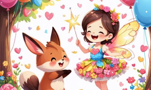 Een schattig klein figuurtje, een jong dier met grote oren en zachte vacht, danst vrolijk midden in een Valentijnsfeest. Hij heeft heldere ogen en een grote glimlach, omringd door kleurrijke bloemen en hartvormige slingers. Naast hem staat een kleine fee met glinsterende vleugels, gekleed in een jurk van bloemblaadjes, die lacht terwijl ze een toverstokje zwaait. Ze heeft sprankelende ogen en een stralende glimlach, en ze laat sterren om hen heen schitteren. De achtergrond is een charmante open plek, vol met stralende bloemen en kleurrijke ballonnen die in de lucht zweven. Papieren harten hangen aan de bomen, en er ligt een grote tafelkleed op de grond, vol met heerlijke taarten en lekkernijen. De scène toont het blije moment waarop vrienden samenkomen om vriendschap en liefde te vieren, in een feestelijke en warme sfeer, met gelach en muziek in de lucht.