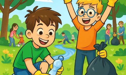 Un ragazzo di 12 anni, Marco, con i capelli castani disordinati e gli occhi pieni di curiosità, è accovacciato in un parco verdeggiante, con un grande sorriso sul volto, mentre tiene una bottiglia di plastica appena raccolta. Indossa una maglietta verde brillante e un pantaloncino di jeans, con guanti da giardinaggio gialli che contrastano con il suo entusiasmo. Accanto a lui, il suo amico Luca, anch'egli di 12 anni, con capelli biondi e occhiali, lo incoraggia alzando le braccia, mentre tiene un sacchetto della spazzatura pieno di rifiuti. Il parco è luminoso, pieno di alberi maestosi con foglie verdi, fiori colorati e un ruscello scintillante che serpeggia tra l'erba. Gli uccelli cantano tra i rami, aggiungendo vita a questa scena di pulizia. Marco e Luca partecipano a una grande giornata di pulizia, circondati dalle risate di bambini e famiglie impegnate a raccogliere rifiuti, creando un'atmosfera gioiosa e impegnata per la protezione della natura.