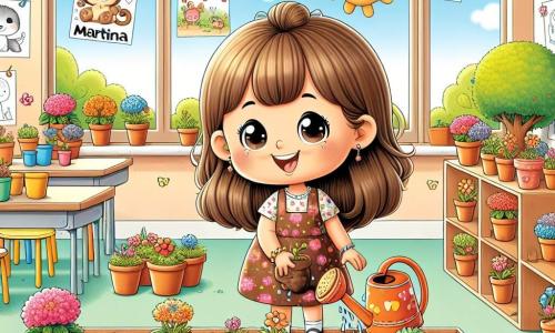 Una bambina di 6 anni, di nome Martina, si trova al centro dell'immagine, con un grande sorriso sul volto. Ha lunghi capelli castani, occhi brillanti e indossa un vestito colorato con motivi floreali. Martina sta piantando semi in un piccolo giardino in classe, circondata da terra e piccoli vasi di terracotta. Accanto a lei, l'insegnante Anna, una donna di circa 30 anni con capelli castani raccolti in uno chignon e occhiali rotondi, sorride incoraggiando i bambini. Indossa una camicia colorata e tiene un annaffiatoio, pronta ad annaffiare le piante. L'ambientazione è un'aula luminosa, con grandi finestre che lasciano entrare il sole, muri decorati con disegni di animali e fiori, e un angolo giardino pieno di vasi di fiori colorati. La scena principale mostra Martina e i suoi compagni di classe mentre creano un giardino primaverile, riempiendo la stanza di gioia ed entusiasmo, mentre scoprono la bellezza della natura e l'importanza delle piante.