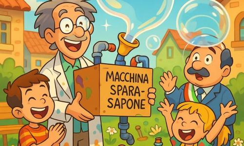 Un inventore di circa cinquant’anni, capelli grigi scompigliati e occhiali tondi, volto sorridente, indossa una camicia da lavoro macchiata di vernice e tiene orgoglioso una grande scatola trasformata nella Macchina Spara-Sapone; a sinistra un ragazzo di circa 10 anni, capelli castani corti e maglietta a righe, applaude guardando le bolle giganti, a destra una bambina di circa 9 anni, capelli biondi raccolti in codini e vestito a pois, ride con le mani alzate vicino a un tavolo pieno di attrezzi; il sindaco, uomo di circa 60 anni con completo azzurro e baffo rotondo, è leggermente sotto una bolla trasparente sulla testa, sorpreso ma divertito; lo sfondo è un piccolo villaggio colorato al sole con case in pietra e tetti rossi, un giardino fiorito con margherite e una panchina di legno, e attrezzi, tubi e bottiglie di sapone sparsi; scena principale: una enorme bolla di sapone trasparente esce dalla scatola riflettendo il cielo azzurro e le case con riflessi scintillanti, atmosfera gioiosa e un po' bizzarra.