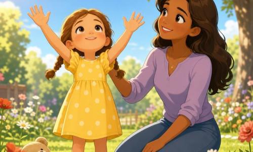 Bambina di 4 anni, emozione serena e sollevata, volto sorridente con guance rosate e occhi ridanciani, capelli castano chiaro in due piccole trecce, vestito giallo a pois bianchi, braccia alzate verso il cielo con palme aperte come per toccare le nuvole; mamma di circa 30 anni dal sorriso dolce e incoraggiante, capelli castani sciolti, inginocchiata sull’erba accanto a lei con la mano affettuosa sulla spalla; piccolo orsacchiotto beige leggermente consumato ai piedi; giardino soleggiato con prato verde, margherite e papaveri, qualche nuvola bianca, sole all’orizzonte e ombre morbide di alberi; la bambina si piega e si allunga come un fiore che si apre in un movimento gioioso e calmo, atmosfera calda e rassicurante, colori pastello e luce dorata del mattino.