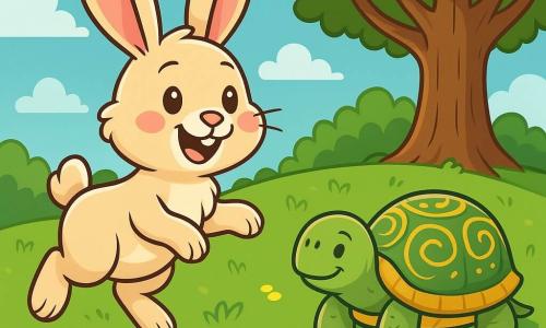 Ein Hase namens Hoppel mit einem weichen, seidigen cremefarbenen Fell, großen aufrechten Ohren und funkelnden, schelmischen Augen springt fröhlich über eine grüne Wiese. Er zeigt ein breites Lächeln, seine rosa Wangen verraten seine Aufregung. Neben ihm bewegt sich eine Schildkröte namens Lotte mit einem grünen, goldverzierten Panzer langsam, beobachtet Hoppel mit einem amüsierten Blick. Sie sitzt etwas abseits auf dem Gras, ist aber bereit, an dem Abenteuer teilzunehmen. Im Hintergrund steht eine majestätische Eiche, deren Blätter im Sonnenlicht glänzen, während bunte Blumen den Boden schmücken. Die Szene strahlt eine fröhliche und verspielte Atmosphäre aus, in der Hoppel und Lotte sich auf ihr 