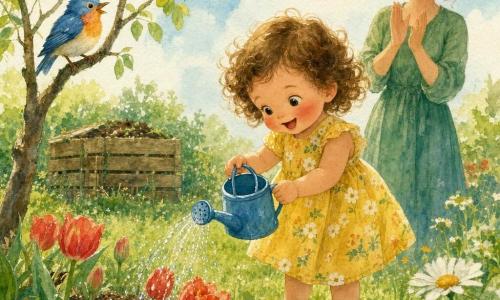A happy 2-year-old girl with curly brown hair and rosy cheeks in a yellow floral dress holds a small blue watering can and gently waters flowers; an adult mother with tied brown hair in a green dress stands slightly back to the right, smiling and softly clapping; a small round blue-and-orange bird perches on a low left branch singing; the garden is a green lawn dotted with large white daisies and red tulips, a young tree on the left, a wooden compost bin at the back, and a clear sky with a few soft clouds; main scene: the girl waters flowers with sparkling drops, vibrant petals and dark wet soil, calm and caring atmosphere.