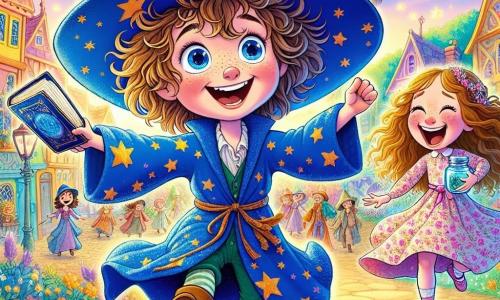 Max, een achtjarige leerling-tovenaar, draagt een grote blauwe toog versierd met fonkelende sterren en een iets te grote tovenaarshoed die over zijn opgewonden ogen glijdt. Hij danst vrolijk in het midden van een kleurrijk dorp, met een grote glimlach op zijn gezicht, terwijl hij een groot open boek over magie in de ene hand en een glanzend flesje in de andere houdt. Naast hem staat Lotte, zijn beste vriendin van zeven jaar, met lange krullende haren en een roze jurk met bloemenpatronen. Ze lacht luid, met stralende ogen van vreugde, terwijl ze een klein potje vol met lachen en glimlachen vasthoudt dat ze net heeft geoogst. Hun omgeving is een magisch dorp, Toverland, met huizen in felle kleuren, bloeiende tuinen en bomen met glinsterende bladeren. De lucht is helderblauw, met snoepvormige wolken, en kinderen spelen om hen heen, waardoor de lucht gevuld is met gelach. De belangrijkste situatie toont Max en Lotte die de creatie van een toverdrankje vieren dat iedereen laat lachen, met sterren en kleurrijke bellen die om hen heen zweven en een vrolijke en betoverende sfeer creëren.