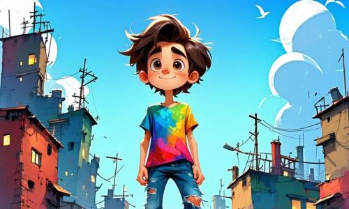 Um garoto de 12 anos, Vicente, com cabelos castanhos bagunçados e olhos brilhantes de curiosidade, está em pé no telhado de um edifício, o vento batendo em seu rosto com uma expressão de emoção e aventura. Ele usa uma camiseta colorida e um jeans rasgado, enquanto observa ao longe a cidade de Arame se estendendo abaixo dele, com edifícios de formas estranhas e luzes cintilantes. Ao seu lado, Zazu, um gato preto com olhos amarelos brilhantes, está sentado na beirada, com uma expressão travessa, como se estivesse pronto para pular no desconhecido. Mais adiante, Rita, uma garota de 12 anos com cabelos cacheados e um grande sorriso, segura um walkman vintage nas mãos, observando Vicente com admiração e impaciência. O céu é de um azul profundo, salpicado de nuvens fofas, enquanto a cidade abaixo é cheia de cores vibrantes: carros de formas futuristas, árvores com folhas multicoloridas e uma fonte que jorra chocolate. A cena principal mostra Vicente e seus amigos, prontos para mergulhar em uma nova aventura mágica, enquanto contemplam a cidade cheia de mistérios e surpresas, com uma atmosfera de excitação palpável no ar.
