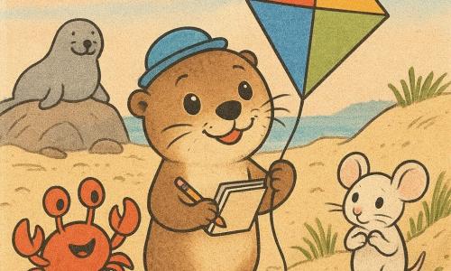 Otis, a joyful, focused juvenile otter wearing a small round blue hat, holds a notebook and pencil, with bright eyes and wet whiskers, gently holding a colorful kite between his paws; Poppy, a vivid red crab on the left, excited and encouraging, taps the sand with a claw near Otis; a small white mouse, shy and grateful, stands to the right behind a low dune clutching the kite with thankful eyes; in the background Mrs. Seal, round and gentle, sits on a rock smiling and watching. Pebble and golden-sand beach with low dunes, a few green seaweeds, beige driftwood, a pastel salmon-and-blue sky and tiny sparkling shells. Otis has just freed a kite stuck in dune grass; everything is calm with soft morning light, a mood of discovery and friendship. Graphic style: soft colors, newsprint textures, simple rounded strokes, thin black outlines, pastel palette.
