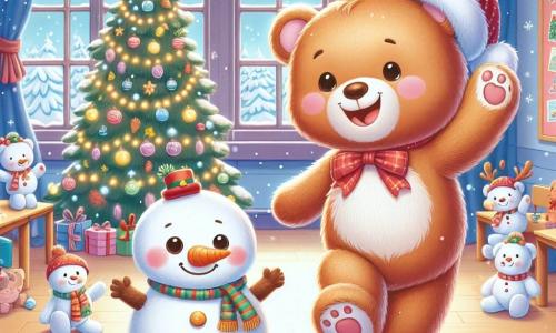 Ein kleiner Teddybär namens Theo mit weichem braunem Fell und einer hübschen roten Schleife um den Hals tanzt fröhlich in einem weihnachtlich dekorierten Klassenzimmer, sein Gesicht strahlt vor Glück und Staunen. Neben ihm applaudiert ein kleiner Schneemann namens Schnuff mit einer orangefarbenen Karotte als Nase und einem breiten Lächeln, seine Zweigarme zum Himmel erhoben, überquellend vor Freude. Die Szene spielt in einem warmen Klassenzimmer, geschmückt mit einem großen, funkelnden Weihnachtsbaum, der mit bunten Kugeln und Lichtern dekoriert ist, während draußen sanft Schneeflocken fallen. Theo und Schnuff feiern zusammen einen magischen Weihnachtstag, umgeben von tanzenden Spielzeugen und funkelnden Lichtern, und schaffen eine festliche und fröhliche Atmosphäre voller Lachen und Freundschaft.