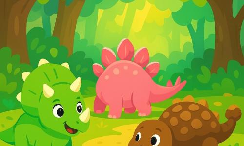 Een kleine triceratops genaamd Tibo, met een sprankelende groene huid en witte hoorns, kijkt met nieuwsgierige ogen. Hij staat in een blije houding, met zijn staart iets omhoog, klaar om te verkennen. Naast hem staat Rozelien, een roze stegosaurus met glanzende platen op haar rug, die glimlacht terwijl ze haar staart zwaait. Milo, een bruine ankylosaurus met een robuuste schuilplaats, staat iets verderop, geïntrigeerd door het mysterieuze geluid van het hout. 

De scène speelt zich af in een weelderig bos, vol met reusachtige bomen met groene en gouden bladeren, en kleurrijke bloemen verspreid over de grond. Stralen zonlicht breken door het loof, waardoor dansende schaduwen ontstaan. 

Tibo en zijn vrienden ontdekken een geheime weg in het bos, waar blije geluiden weerklinken, die hen aanmoedigen om verder te gaan in dit mysterieuze avontuur.