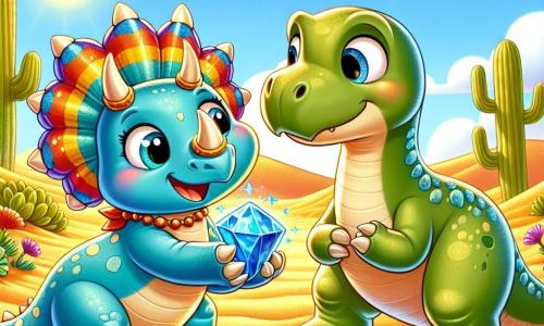Tilly the triceratops is a joyful creature with three large pointed horns and a colorful frill around her neck. She has a bright smile and her eyes sparkle with excitement as she holds a beautiful shimmering blue stone in her front paws. Next to her is Benny the brontosaurus, a large dinosaur with a long neck, who curiously looks at the stone. He has soft green skin and round eyes, leaning slightly to get a better view of the treasure. The scene takes place in a sunny desert with golden sand dunes and colorful cacti under a bright blue sky. Vibrant wildflowers dot the ground, adding a touch of magic to the environment. In this illustration, Tilly and Benny are discovering the shiny blue stone together, surrounded by an atmosphere of adventure and friendship, ready to share their treasure and explore the world around them.