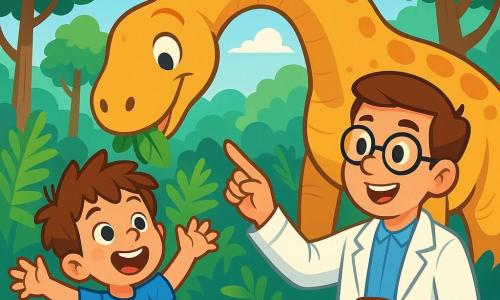 A 6-year-old boy, Timmy, with messy brown hair and sparkling curious eyes, stands in awe in front of a large herbivorous dinosaur. He is wearing a blue t-shirt with dinosaur patterns and red shorts, and his face shows intense joy and fascination. Next to him, a friendly scientist, a man in his 30s with round glasses and a white lab coat, smiles while pointing out the dinosaur to Timmy. They are both in a lush prehistoric forest filled with giant ferns and tall trees under a bright blue sky. The main scene shows Timmy with his arms raised in wonder as the dinosaur bends down to graze on leaves, creating a magical and adventurous atmosphere.