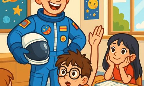 Un astronauta, con una gran sonrisa entusiasta, lleva un uniforme espacial azul brillante adornado con parches coloridos. Su casco brillante está bajo su brazo y se encuentra de pie frente a una clase de niños pequeños, con los ojos brillando de emoción. Andrés, un niño de 10 años con cabello castaño desordenado y gafas, levanta la mano con curiosidad, sentado en la primera fila. A su lado, María, una niña de 9 años con cabello largo y negro, mira al astronauta con admiración, con las manos en las mejillas. La escena tiene lugar en un aula luminosa, con paredes decoradas con dibujos de estrellas y planetas, y ventanas que dejan entrar la luz del sol. Los pupitres de madera están alineados, llenos de cuadernos y lápices de colores. El astronauta cuenta historias fascinantes sobre sus viajes al espacio, cautivando la atención de los niños que escuchan con asombro, soñando con convertirse en exploradores de las estrellas.