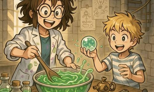 A joyful, mischievous woman inventor with messy brown hair, round glasses and a white coat stained purple and green stirs a giant spoon in a glowing bowl of translucent algae gel at the center of a cluttered wooden table; a lively ~10-year-old blond boy in a striped tee stands to her right holding a gelatinous water-filled sphere to pass her; a small fluffy gray-and-white cat named Puddle, curious and slightly wet, paws at a gel puddle by her feet; inside an old stone watchtower round room lit by slanting sunbeams, brass mechanisms, glass jars and sketched posters on the walls, spiral stairs in the background; the scene captures the precise moment of an experiment testing a gel-algae bubble bottle—shiny viscous textures, splashing droplets, and expressions of excitement and surprise in a warm inventive atmosphere.