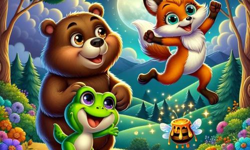 Un oso llamado Bruno, con pelaje marrón y ojos brillantes de curiosidad, está bailando alegremente en la cima de una colina bajo la luz brillante de la luna. Tiene una amplia sonrisa en su rostro, mostrando su entusiasmo por la aventura. A su lado, una pequeña rana verde llamada Lila, con grandes ojos redondos y una sonrisa traviesa, salta de alegría, mientras que un astuto zorro llamado Zippy, con pelaje naranja brillante y una cola esponjosa, da vueltas a su alrededor, añadiendo a la atmósfera festiva. La escena muestra a Bruno, Lila y Zippy celebrando juntos el descubrimiento de un gran tarro de miel dorada, rodeados de una atmósfera de felicidad y amistad.