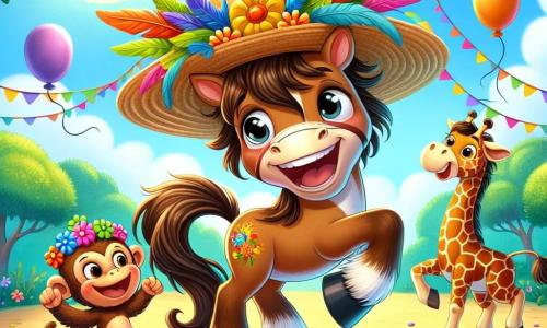 Um cavalo alegre chamado Lino, com pelagem marrom brilhante e uma crina ondulante, usa um grande chapéu de palha adornado com penas coloridas. Ele sorri amplamente, com os olhos brilhando de felicidade, enquanto dança no meio de uma clareira ensolarada. Ao seu lado, Tico, um pequeno macaco travesso com pelagem dourada, usa um chapéu em forma de banana e faz uma careta divertida, pendurado em um galho. Gigi, uma girafa elegante com grandes manchas marrons, está atrás de Lino, usando um chapéu de flores coloridas, rindo alegremente. A clareira é decorada com guirlandas coloridas e balões flutuantes, cercada por árvores verdes e um céu azul brilhante. A cena mostra Lino e seus amigos celebrando a "Festa do Chapéu Engraçado", em um ambiente festivo e cheio de risos.