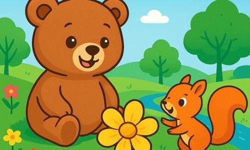 Een zachte, ronde teddybeer met een bruine vacht en sprankelende ogen staat bovenop een groene heuvel, glimlachend van verwondering. Naast hem springt een klein, rossig eekhoorntje met een pluizige staart en nieuwsgierige ogen van blijdschap en kijkt enthousiast naar de beer. Het landschap is gevuld met kleurrijke bloemen, grote bomen met heldergroene bladeren en een heldere blauwe lucht met donzige witte wolken. In de verte schittert een beekje in de zon, wat een vleugje magie aan de scène toevoegt. De beer en het eekhoorntje ontdekken een grote gouden bloem die zich langzaam opent en een kleine glanzende steen onthult, symbool voor avontuur en ontdekking.