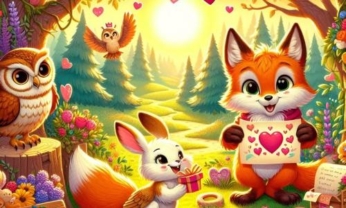 Ein kleiner, leuchtend orangefarbener Fuchs mit großen, fröhlichen Augen steht lächelnd im Zentrum einer sonnigen Lichtung, umgeben von bunten Blumen und grünen Blättern. Er hält eine herzförmige Karte in seinen Pfoten, bereit, sie seinen Freunden zu zeigen. Rechts von ihm sitzt eine weise Eule mit braun-weißen Federn und großen, neugierigen Augen, die ihn mit einem wohlwollenden Lächeln ansieht und eine Papierrolle in ihren Krallen hält, um eine Botschaft der Freundschaft zu schreiben. Links von ihm springt ein kleiner Hase mit langen Ohren und schelmischen Augen, weißem Fell und braunen Flecken fröhlich umher, ein kleines Geschenk in den Pfoten, sein Gesicht strahlt vor Aufregung. Die Szene spielt in einer verzauberten Lichtung, umgeben von majestätischen Bäumen und leuchtenden Blumen, wo die Luft erfüllt ist von Vogelgesang und einem süßen Frühlingsduft. Der Fuchs und seine Freunde bereiten eine Überraschung zum Valentinstag vor, umgeben von bunten Dekorationen, Papierherzen und Leckereien, während sie in festlicher und freundlicher Atmosphäre lachen und Freude teilen.