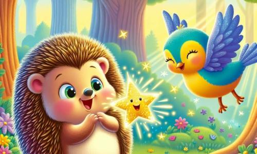Ein kleiner Igel namens Finn, mit sanften und glänzenden Stacheln, steht im Mittelpunkt des Bildes, die Augen vor Überraschung und Freude weit geöffnet, und hält einen glitzernden goldenen Stern zwischen seinen kleinen Pfoten. Rechts von ihm fliegt ein bunten Vogel namens Lilli, mit leuchtend blauen Federn und einem gelben Bauch, fröhlich singend und mit ausgebreiteten Flügeln. Die Kulisse ist ein wunderschöner verwunschener Wald mit großen, robusten Bäumen, leuchtend bunten Blumen und Sonnenstrahlen, die durch das Blattwerk filtern und eine magische Atmosphäre schaffen. In dieser Szene entdeckt Finn die Kraft des Zaubersterns, der seinen kleinen Körper erleuchtet und seine Umgebung in eine märchenhafte Welt verwandelt.