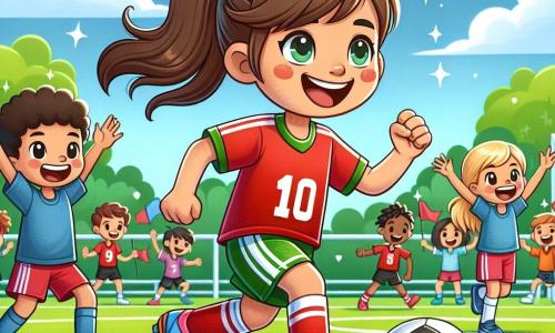 No centro da imagem, Ana, uma menina de 10 anos, está driblando uma bola de futebol em um campo verdejante. Ela tem longos cabelos castanhos presos em um rabo de cavalo, um grande sorriso no rosto que demonstra sua alegria e determinação. Ela usa uma camisa vermelha com o número 10, um short preto e tênis coloridos. À sua direita, João, um menino de 9 anos, a incentiva levantando os braços, com os olhos brilhando de excitação. Ele tem cabelos curtos e cacheados, e veste uma camiseta azul e um short verde. À sua esquerda, Maria, uma menina de 8 anos, está pronta para receber o passe, com um olhar concentrado. Ela tem cabelos loiros e usa um vestido esportivo rosa. O campo de futebol é cercado de vegetação, com árvores ao fundo e espectadores alegres nas arquibancadas, agitando bandeiras e aplaudindo. O céu é azul com algumas nuvens brancas, acrescentando luz à cena. A situação principal mostra Ana em ação, driblando a bola com facilidade, enquanto seus amigos a incentivam, criando uma atmosfera de camaradagem e alegria ao redor do jogo.