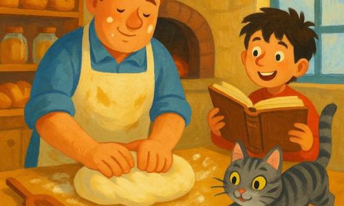 Un uomo panettiere sui trent'anni, viso rotondo con farina, capelli castani corti e grembiule beige macchiato, concentrato e fiero mentre impasta una brioche su un grande tavolo di legno; un ragazzo di circa 12 anni, Filippo, capelli neri arruffati, sorride tenendo un vecchio ricettario alla destra del tavolo; una gatta grigia tigrata, Micia, occhi verdi, salta sul tavolo rovesciando un po' di farina in primo piano; la panetteria è piccola e accogliente con muri in pietra chiara, scaffali di legno pieni di pani dorati, una grande finestra a quadri che lascia entrare la luce mattutina e un forno antico sullo sfondo; la scena mostra la pasta bianca e soffice al centro, nuvolette di farina sospese, utensili di legno sparsi; palette calda di gialli dorati, bruni e crema con tocchi di blu, texture da pittura acrilica e pennellate espressive per un'atmosfera intima e vivace.