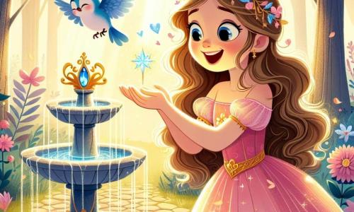La principessa Lila, una ragazza di circa 10 anni, ha lunghi capelli ondulati di colore castano chiaro e indossa un vestito rosa decorato con fiori scintillanti. Sorride meravigliata, tenendo in mano una piccola coppa d'acqua magica, accanto a una fontana scintillante. Accanto a lei, un piccolo uccello blu, felice e curioso, vola intorno a lei, con le sue ali brillanti che catturano la luce del sole, sembrando incoraggiare Lila a assaporare l'acqua della fontana. Il contesto è un giardino segreto incantevole, pieno di fiori colorati e grandi alberi con foglie dorate, con i raggi di sole che filtrano tra i rami, creando un'atmosfera magica e pacifica. La scena principale mostra Lila, meravigliata, pronta a bere l'acqua della fontana per ritrovare il suo sorriso perduto, circondata dalla bellezza del giardino e dall'amicizia dell'uccello.