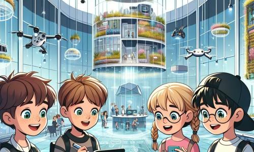 In einem großen, hellen Raum des „Haus der Zukunft“ stehen vier Kinder zusammen. Leo, ein 10-jähriger Junge mit zerzausten braunen Haaren und neugierigen Augen, schaut fasziniert auf einen interaktiven Bildschirm. Neben ihm nimmt Mia, ein 9-jähriges Mädchen mit geflochtenen blonden Haaren und Brille, begeistert mit einem futuristischen Stift Notizen. Links untersucht Ben, ein 10-jähriger Junge mit schwarzen Haaren und einer Mütze, ein Modell eines über seinem Kopf schwebenden Drohne, fasziniert von der Technologie. Schließlich beugt sich Emma, ein 9-jähriges Mädchen mit roten Haaren und Sommersprossen, lächelnd über einen vertikalen Garten und berührt vorsichtig die Pflanzen. Der Raum ist futuristisch, mit transparenten Glaswänden und bunten, wechselnden Lichtern. Hologramme der Stadt Lumina schweben um sie herum und zeigen ökologische Gebäude und hängende Gärten. Roboter und Drohnen summen umher und verleihen der Umgebung eine dynamische Note. Die Hauptsituation zeigt die Kinder, die begeistert und kreativ die Innovationen des „Haus der Zukunft“ entdecken und Ideen austauschen, um ihre Stadt zu verbessern und Lumina noch umweltfreundlicher und nachhaltiger zu gestalten.