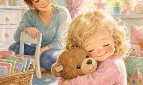 Ein zweijähriges Mädchen mit blonden kleinen Locken, rundem Gesicht und rosa Wangen, freudigem, erleichtertem Ausdruck, hält ihr braunes, an den Nähten geflecktes Stoffbärli mit Knopfaugen, einem angenähten Etikett am Ohr und rot-beiger Ringelschal an die Brust; eine etwa 30-jährige Mutter mit kastanienbraunen Haaren im lockeren Dutt und zärtlichem Lächeln hockt hinter dem Kind und legt die Hand sanft an die Lehne eines kleinen Stuhls; die Szene spielt in einem hellen Kinderzimmer mit sternemustergem Teppich, weißer Kommode, einem Korb voller bunter Bücher und verstreutem Spielzeug, das Mädchen zieht fröhlich den Bärli aus dem Bücherkorb, die Mutter ist nahe und aufmerksam, warme Sonnenstrahlen fallen durch ein Fenster mit gepunkteten Vorhängen, ruhige, geborgene Stimmung, sanfte Pastellfarben (zartrosa, himmelblau, minzgrün), Aquarelltextur sichtbar, feine Konturen mit weißem Gelstift für Lichtreflexe.