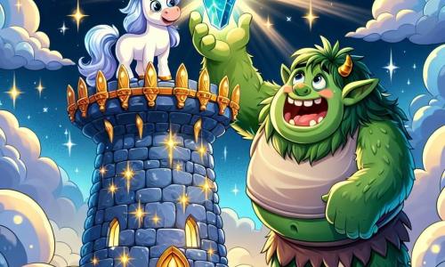 A friendly ogre named Ollie, big and green with sparkling kind eyes, stands atop a shimmering tower. He smiles in wonder, holding a sparkling gem that lights up his joyful face. Beside him, a wise old unicorn with a silver mane and gentle eyes watches him proudly while standing on a cloud of light, adding a touch of magic to the scene. The setting is the Tower of Stars, a majestic structure made of bright stones that twinkle like stars, surrounded by fluffy clouds and golden light dancing around them. Ollie, filled with joy, has just discovered the magical gem at the top of the tower, celebrating his adventure with a radiant smile as the unicorn encourages him with a benevolent gaze.