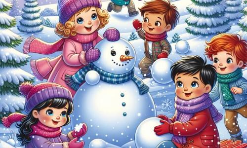 In een betoverend winterlandschap spelen vijf kinderen in de sneeuw. Lotte, een meisje met blond krullend haar, draagt een roze jas en maakt een sneeuwpop met een grote glimlach. Naast haar rolt Finn, een jongen met kort bruin haar, een grote sneeuwbal en draagt een blauwe sjaal. Noor, een meisje met zwart steil haar, draagt een paarse muts en gooit lachend een sneeuwbal. Sam, een jongen met rood haar, zit op een rode slede, klaar om te glijden, terwijl Ties, een jongen met bruin rommelig haar, gekke gezichten trekt achter een sneeuwhoop. De achtergrond is een heuvel bedekt met een dikke laag glinsterende sneeuw, omringd door majestueuze dennenbomen met sneeuw op de takken. De lucht is helderblauw en de zon schijnt, waardoor er fonkelingen op de sneeuw ontstaan. De kinderen zijn bezig een sneeuwpop te maken, lachend en spelend samen, terwijl een nieuwsgierig vogeltje hen vanaf een takje observeert. Het is een vrolijke en levendige scène die de geest van de winter en vriendschap vastlegt.