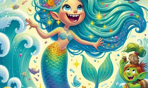 A beautiful mermaid named Melody, with long, wavy turquoise hair, joyfully swims in the sparkling waves of the Silly Sea. Her face radiates happiness, her eyes shine like stars, and she smiles while singing a cheerful melody. Her tail, adorned with golden glitter, gracefully trails behind her, creating splashes of bright colors. Next to her is a young troll named Tilly, around 8 years old, with green skin and messy earth-colored hair, gazing at Melody in wonder. He holds a small backpack filled with cheese, ready to share his snack. A squirrel in a top hat, named Nutsy, stands on Tilly's back, juggling nuts while laughing, adding a touch of whimsy to the scene. The setting is by the Silly Sea, where the waves dance to a soft melody. The sky is a bright blue, dotted with candy-shaped clouds, and colorful fish joyfully leap out of the water, creating a magical and festive atmosphere. In this illustration, Melody swims around Tilly and Nutsy, who are laughing together, sharing a moment of pure happiness and friendship by the sparkling sea.