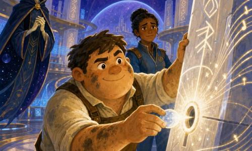 The main character is a man named Jory: round face with grease spots and a determined wide smile, sparkling eyes, sleeves rolled up, holding a small glowing stone moon he is about to insert into a slot in the pylon. Jory is focused and reassuring, leaning forward with one hand on the pylon and the other clutching the moonstone like a warm treasure. The secondary character is Captain Mira, about 35, hair in a bun, relieved but worried, standing just behind Jory watching with a hand on a glowing console. Another secondary is the librarian, a thin, cloaked, non-human but benevolent figure floating slightly to the left with soft lantern-like eyes. The setting is the central hall of a space citadel: large white stone rune pillars engraved with glowing symbols, narrow metal walkways, blue holographic screens, and above a starry dome painted violet and indigo. The main action: Jory inserts the moonstone into the pylon, a silvery glow bursts in harmony, the runes along the pillar light up in musical lines, the distant shield resumes a smooth arc; an atmosphere of hope and reconciliation.