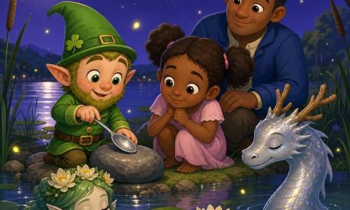 A joyful little elf named Pip with a round freckled face, a small green mossy beard, a bright green jacket with gold buttons and a pointed hat with a shamrock, taps a silver spoon on a pebble; nearby crouches Mia, about six, with big bright eyes, brown pigtails and a simple pale pink dress, listening, while her father, a calm man with short hair and a blue jacket, sits on the grass behind her with a hand on her shoulder; a small silver water dragon with iridescent scales and tiny wooden antlers emerges near the shore to Mia’s right, sleepy and gentle, and a nacre-skinned mermaid with seaweed-green hair and a lily-pad crown floats just below the surface to the dragon’s left, smiling; the scene is Moonleaf Lake at night with mirrorlike silver water, green lily pads, thin reeds, drifting yellow fireflies and a soft violet starry sky as Pip’s spoon makes the lake sing and calm luminous ripples lull the creatures to sleep.