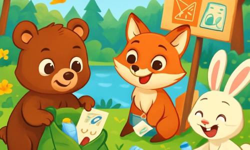 Um pequeno urso pardo, chamado Tobias, com grandes olhos curiosos e um sorriso determinado, está à beira de um lago cintilante, recolhendo lixo com um saco feito de folhas. Ao seu lado, uma raposa astuta, Lila, com um pelo ruivo brilhante e uma expressão entusiasmada, segura um cartaz colorido dizendo "Recicle aqui!" enquanto desenha imagens em uma folha. Um coelho branco travesso, Pedro, com orelhas longas e um ar alegre, está ocupado recolhendo garrafas plásticas, rindo com seus amigos. Ao fundo, a floresta exuberante está cheia de árvores verdes majestosas, flores coloridas e pássaros cantores, criando uma atmosfera vibrante e alegre. A cena mostra o compromisso dos animais em limpar seu ambiente, com lixo espalhado ao redor deles, mas um lago que começa a brilhar de limpeza graças aos seus esforços.