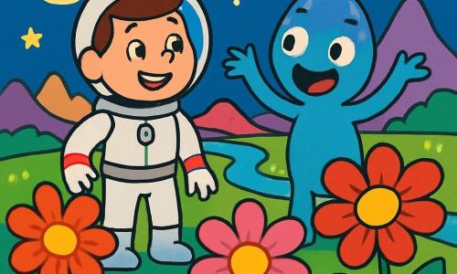 Een astronaut genaamd Tom, gekleed in een elegante en glanzende zilveren ruimtebroek, staat op een kleurrijke planeet met een grote glimlach van verwondering op zijn gezicht. Zijn ogen stralen van vreugde terwijl hij de gigantische bloemen in felle kleuren om zich heen bewondert. Dichtbij staat een vriendelijke wezens genaamd Zipo, dat lijkt op een buitenaardse creatuur met grote ronde ogen en een felblauwe huid, die glimlacht terwijl hij de wonderen van zijn planeet toont. Zipo maakt een uitnodigend gebaar met zijn armen, alsof hij Tom uitnodigt om verder te verkennen. Het landschap is fantastisch: vreemde bergen torenen aan de horizon, terwijl glinsterende rivieren door kleurrijke bloemenweiden kronkelen. De lucht is diepblauw, bezaaid met heldere sterren en een grote maan die de scène verlicht. De belangrijkste situatie toont Tom en Zipo die samen de schoonheid van de planeet ontdekken, met Tom die verwonderd is over de gigantische bloemen en Zipo die vrolijk lacht, wat een sfeer van vriendschap en avontuur creëert in dit magische universum.