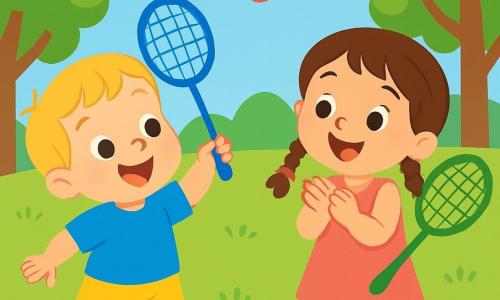 A 2-year-old boy with blonde hair and sparkling eyes is wearing a blue t-shirt and yellow shorts. He is joyfully smiling, holding a blue badminton racket, ready to hit a colorful shuttlecock flying in the air. Next to him, a 5-year-old girl with braided brown hair and a pink dress is enthusiastically clapping. She has a big smile and is holding a green racket, watching the shuttlecock with admiration. In the background, there is a lush park with vibrant grass, tall trees with shiny leaves, and a blue sky dotted with white clouds. The scene depicts the boy and girl playing together, surrounded by laughter and joy, as they enjoy hitting the badminton shuttlecock in a spirit of friendship and friendly competition.