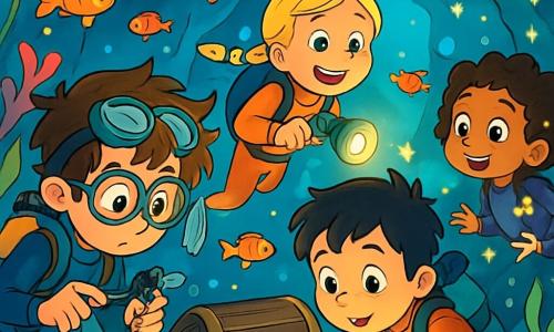 Há 4 crianças: - Luca: um garoto de 10 anos, com cabelos castanhos bagunçados e óculos de proteção na testa. Ele segura uma pequena ferramenta de mergulho e observa atentamente um mecanismo submarino. - Sofia: uma garota de 9 anos, com cabelos loiros trançados e um sorriso radiante. Ela nada alegremente, cercada por peixes coloridos, segurando uma lanterna subaquática que ilumina o caminho. - Tiago: um garoto de 10 anos, com cabelos negros e sardas no nariz. Ele está inclinado sobre um velho baú no fundo do mar, intrigado com o que poderia conter. - Ana: uma garota de 9 anos, com cabelos castanhos cacheados e olhos brilhantes. Ela flutua perto de uma parede rochosa, observando vagalumes marinhos luminosos que dançam ao seu redor. O cenário principal é uma caverna submarina mágica, com paredes cintilantes como cristais, iluminadas por vagalumes marinhos. Algas coloridas ondulam suavemente na água clara, enquanto peixes multicoloridos nadam ao redor das crianças, criando uma atmosfera encantadora. A situação principal da história mostra as crianças descobrindo um baú misterioso no fundo da caverna, cercadas por criaturas marinhas luminosas. Elas estão cativadas pelo brilho do baú e pela emoção de sua aventura submarina.