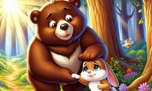 An illustration depicts a large brown bear with shiny fur and sparkling kind eyes, showing an expression of determination and joy. It is reaching out to help a small bunny with soft, creamy fur, who looks a bit sad and hurt, with tears in her eyes. She is leaning against a tree while the bear leans toward her with a comforting smile. The main setting is an enchanted forest, bathed in golden light, with majestic trees and dancing green leaves. Colorful flowers add touches of purple, yellow, and red to the ground, while a winding dirt path leads to a sunny field. The main scene shows the bear and the bunny helping each other after a fall, illustrating the strength of friendship and mutual support. The caring bear helps the bunny get up, symbolizing courage and solidarity. Other useful graphic elements include sunlight filtering through the branches, birds singing in the trees, and a small sparkling trophy on the ground, representing the victory of friendship.