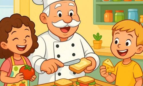 Ein Koch, ein Mann in den Fünfzigern mit einem großen weißen Schnurrbart und einer Kochmütze, lächelt fröhlich, während er Mini-Sandwiches in einer hellen Küche zubereitet. Seine Augen funkeln vor Aufregung und Stolz, als er Butter auf eine Brotscheibe streicht. Neben ihm lacht Mia, ein 8-jähriges Mädchen mit braunen, lockigen Haaren, während sie eine glänzende rote Tomate hält, bereit sie zu schneiden. Sie trägt eine bunte Schürze mit Obstmotiven. Jonas, ein 7-jähriger Junge mit kurzen blonden Haaren, steht etwas im Hintergrund und hält ein Stück Käse mit einem breiten Lächeln, während er den Koch bewundert. Die geräumige Küche hat pastellgelbe Wände, Regale voller bunter Gläser und einen großen Holztisch in der Mitte, der mit frischen Zutaten und Plastikmessern bedeckt ist. Die Hauptsituation zeigt den Koch und die Kinder, die gemeinsam bunte Mini-Sandwiches mit knackigem Gemüse und schmelzendem Käse zubereiten, was eine fröhliche und kreative Atmosphäre voller Lachen schafft.