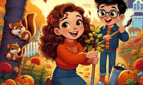 Una niña de 10 años, Clara, con cabello castaño y rizado, lleva un suéter naranja y una falda de mezclilla. Sonríe ampliamente, con ojos brillantes de emoción, mientras planta un pequeño árbol en un jardín colorido, rodeada de hojas de otoño doradas y rojas. A su lado, un niño de 9 años, Pedro, con cabello negro y gafas, sostiene una pala y la anima con una mirada admirativa. Una ardilla traviesa, Tico, está posada en una rama, observando la escena con curiosidad. El jardín está lleno de flores marchitas y calabazas decorativas, y al fondo se ve una pequeña casa blanca con ventanas azules, iluminada por la luz dorada del sol poniente. Clara y Pedro, llenos de entusiasmo, plantan juntos un joven manzano, simbolizando la amistad y el respeto por la naturaleza en este hermoso día de otoño.