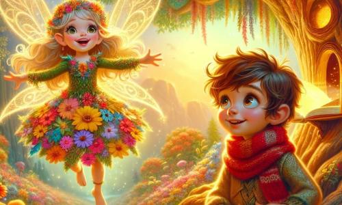 Una pequeña hada llamada Estrella, con alas brillantes y cabello dorado, vuela alegremente alrededor de un árbol mágico, su rostro radiante de emoción. Lleva un vestido hecho de pétalos de flores coloridas que brillan bajo la luz del sol. Junto a ella, Lucas, un niño de 8 años con grandes ojos curiosos, observa el árbol con asombro. Tiene el cabello castaño rizado y lleva una bufanda roja tejida por su abuela. Está de pie, con las manos en las caderas, listo para descubrir el secreto del árbol. El lugar es un parque encantado, lleno de flores multicolores y árboles majestuosos. En el centro, un enorme árbol con hojas luminosas brilla con una luz suave, creando una atmósfera mágica y misteriosa. La escena principal muestra a Estrella y Lucas frente al árbol mágico, Lucas abriendo una pequeña puerta dorada en el tronco, revelando un libro antiguo lleno de historias fantásticas. La escena irradia una atmósfera de aventura y descubrimiento, llena de promesas y magia.