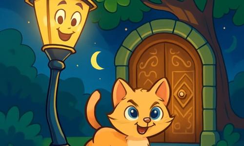 Lila, een glimlachende lantaarnpaal met een glanzend metalen lichaam en een stralend gouden licht, staat op een drukke straathoek, haar ogen sprankelend van vreugde en opwinding. Naast haar springt Minoe, een kleine kat met zijdeachtige vacht en sprankelende blauwe ogen, enthousiast, haar gezicht straalt vastberadenheid uit. Samen staan ze voor een grote houten deur versierd met magische patronen, onder een majestueuze boom met heldergroene bladeren, in een mysterieuze park verlicht door het maanlicht. De scène straalt een sfeer van magie en avontuur uit, terwijl Lila en Minoe zich voorbereiden om het Stille Licht te ontdekken, hun warme en vriendelijke gloed verlicht de weg.