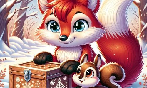 Una volpe dai vivaci peli rossi, con una coda folta e occhi scintillanti di curiosità, si trova davanti a una scatola di legno decorata con motivi di fiocchi di neve, il suo volto illuminato dall'eccitazione per la scoperta. Accanto a lei, un piccolo scoiattolo dal pelo marrone e dalle grandi orecchie, con un'espressione stupita, osserva attentamente la scena, le sue piccole zampe posate sulla scatola, pronto ad aiutare l'amico. La scena si svolge in una foresta incantata, dove la neve copre il terreno come un morbido tappeto bianco, e gli alberi scintillano sotto i raggi del sole invernale, creando un'atmosfera magica. La volpe e lo scoiattolo, immersi nella loro ricerca, cercano di aprire la misteriosa scatola, impazienti di scoprire le meraviglie che contiene, circondati da un paesaggio invernale che respira la magia del Natale.
