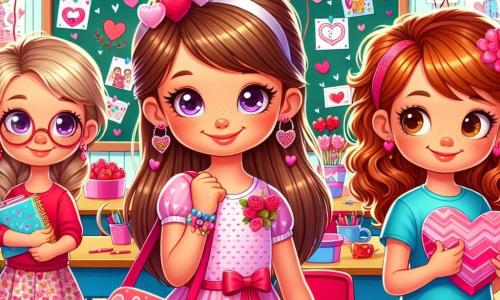 In un'aula luminosa, tre personaggi principali si trovano al centro dell'immagine. Marta, una ragazza di otto anni con lunghi capelli castani e occhi brillanti, indossa un vestito rosa con cuori e sorride tenendo un grande sacco pieno di biglietti di San Valentino. Sofia, un'altra ragazza di otto anni con capelli biondi intrecciati e occhiali rotondi, indossa una maglietta blu e una gonna a fiori, e guarda Marta con un sorriso complice, tenendo un grande cuore di carta. Camilla, una ragazza di sette anni con capelli ricci rossi e un maglione rosso, appare un po' timida, con le mani dietro la schiena, ma sorride amichevolmente. L'aula è decorata con festoni di cuori di carta, palloncini rossi e disegni colorati appesi alle pareti. Un grande lavagna nera è visibile sullo sfondo, e un tavolo festivo è pieno di dolci e biglietti. La scena principale mostra Marta e Sofia che scoprono i loro biglietti di San Valentino, mentre Camilla, un po' timida, si scusa per aver preso i biglietti senza chiedere. L'atmosfera è gioiosa e amichevole, piena di colori vivaci e sorrisi luminosi.