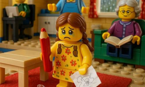 Bambina di 6 anni dall’aria colpevole e occhi lucidi, in vestitino giallo a fiori e due trecce, in punta di piedi vicino a un tavolino, con una grande matita rossa nella mano destra e un disegno spiegazzato nella sinistra; una mamma di circa 35 anni, capelli castano chiaro e grembiule blu, in cucina sullo sfondo sorpresa con le mani rialzate; un papà di circa 38 anni seduto a una scrivania nel corridoio con occhiali e computer, volto concentrato ma girato verso la scena; una nonna di circa 70 anni su una poltrona a destra con un libro aperto, sguardo curioso; salotto luminoso nonostante la pioggia, tappeto rosso morbido, tavolino in legno chiaro, scatola di pastelli aperta, finestra con gocce e tende a motivo, vaso di vetro rotto a pezzi sul pavimento; scena subito dopo la rottura del vaso con frammenti sparsi e scintillii, atmosfera di tensione lieve, espressioni leggibili e colori caldi contrastanti con la pioggia grigia; stile diorama LEGO molto dettagliato, texture dei mattoncini visibili, illuminazione morbida, angolazione bassa e composizione centrata sulla bambina.