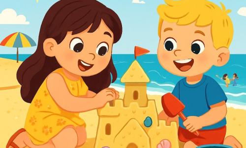 Hay 2 personajes principales: Clara, una niña de 6 años con largos cabellos castaños y ojos brillantes, que lleva un vestido amarillo con flores y sandalias, construyendo un castillo de arena en la playa; y Pablo, un niño de 6 años con cabello corto y rubio, que lleva una camiseta azul y un short rojo, sentado junto a Clara, sosteniendo una pala y sonriendo con entusiasmo. La escena transcurre en una playa soleada con arena dorada, olas suaves y conchas coloridas esparcidas. Al fondo hay sombrillas multicolores y niños jugando en el agua, bajo un cielo azul con algunas nubes blancas. Clara y Pablo están construyendo un gran castillo de arena decorado con conchas brillantes, rodeados de juguetes de playa, creando un ambiente alegre y veraniego.