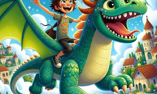 Un drago maestoso di nome Fiamma, con squame verdi brillanti e occhi scintillanti di gioia, vola nel cielo blu, con le ali spiegate e un grande sorriso sul volto. Sta facendo acrobazie aeree, lasciando dietro di sé una scia scintillante di polvere di stelle. Accanto a lui, un ragazzo di nome Leo, di circa 8 anni, con capelli castani arruffati e una maglietta colorata, ride di gusto mentre si aggrappa saldamente alla criniera del drago. È seduto sulla schiena di Fiamma, con le braccia alzate in segno di vittoria, e il suo viso irradia felicità. La loro avventura si svolge sopra un magnifico villaggio chiamato Arcobaleno, dove le case sono fatte di caramelle multicolori e i giardini sono pieni di fiori canterini che danzano al ritmo del vento. Il cielo è punteggiato di nuvole soffici, e il sole brilla, creando un'atmosfera gioiosa e magica. La scena principale mostra Fiamma e Leo in volo, esplorando insieme il cielo, con risate che risuonano nell'aria, simboleggiando la loro amicizia e il loro spirito d'avventura.