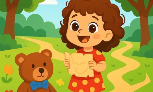 A 4-year-old girl, Lila, with big bright eyes and curly hair, is wearing a red polka dot dress and red boots. She smiles excitedly, holding an old parchment in her hands, looking around with curiosity. Next to her, her teddy bear, Benny, is a large brown bear with a blue bow tie, sitting on the green grass, seeming ready for adventure. The setting is a sunny clearing surrounded by trees with vibrant green leaves, with colorful flowers dancing in the breeze. A winding dirt path runs through the clearing, leading to a mysterious forest. Lila, full of enthusiasm, stands before the path that splits into three directions, holding her treasure map, ready to choose the way that will lead them to adventure and hidden treasure.