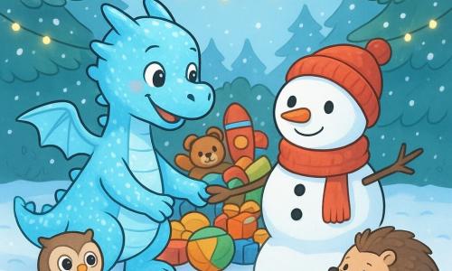 Ein kleiner schimmernder Drache namens Lumo, mit Schuppen, die so glänzend wie frischer Schnee sind, lächelt herzlich, seine Augen voller Freude funkelnd. Er hält die Hand eines schüchternen Schneemanns, dessen Augen wie Raureif glänzen und der schüchtern lächelt. Um sie herum stehen Waldtiere wie eine weise Eule mit runden Augen und ein mutiger Igel im Kreis, alle mit einem fröhlichen und freundlichen Ausdruck. Die Szene spielt sich auf einer schneebedeckten Lichtung ab, die von funkelnden Lichterketten erleuchtet wird, die an den Zweigen der Tannen hängen. In der Mitte ist ein großer Haufen bunter Spielzeuge gestapelt, was eine festliche und warme Atmosphäre schafft.