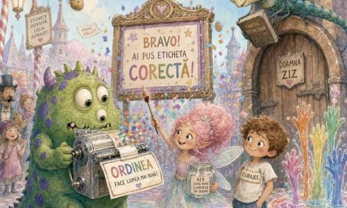 Un monstru simpatic, uimit și concentrat, cu trei ochi, blană verde cu pete violet, coadă care face "brrr-brrr", ține o mașină de etichetat metalică care suflă confetti colorate; o zână fetiță (Pufița), jucăușă, cu păr ca vată de zahăr roz și rochie translucidă, flutură o baghetă perie lângă monstrul; o libelulă păzitoare (Doamna Ziz), mare și înțeleaptă, cu ochi mari și ochelari, stă pe marginea unei uși mari din Turnul Etichetelor și supraveghează; un băiat mic (~5 ani), cu păr creț și zâmbet timid, poartă o etichetă "CURAJOS" pe tricou și privește scena de lângă o fântână de suc curcubeu; piața e pavata din zahăr filament și nori, cu felinare-tip acadea, fântână care scuipă jeturi de suc multicolor în forme de mâini și câteva cartofi zburători plutind deasupra; situația principală: monstrul lipește o etichetă mare corectă pe un panou luminos în timp ce zâna ține un borcănel cu "aer care restabilește ordinea", iar confetti și etichete zboară în jur, atmosferă veselă ușor haotică.